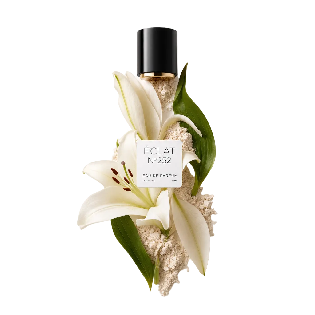 Ein Arrangement aus weißen Lilienblüten, grünen Blättern und einer Prise Puder umgibt die originale schwarze Kappe mit dem Etikett ÉCLAT Powdery Lily.