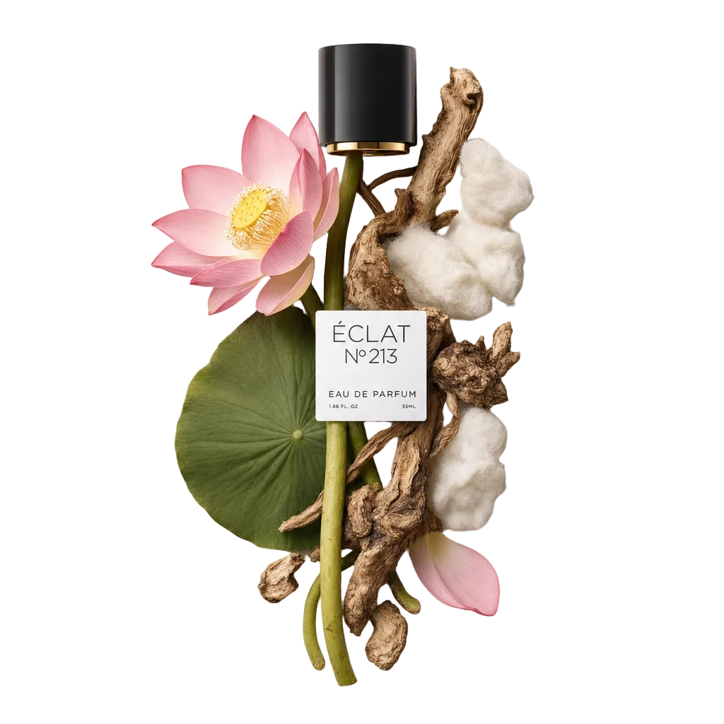 Ein Arrangement aus einer rosa Lotusblume, grünem Blatt, Holztexturen und Baumwolle, begleitet von einer schwarzen Kappe mit ÉCLAT Powdery Lotus Etikett.
