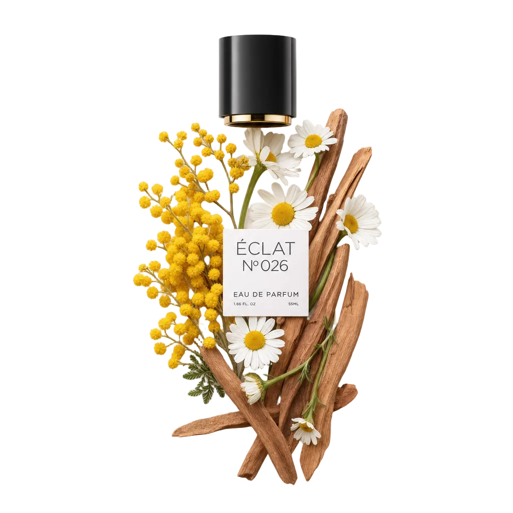 Ein Arrangement aus Mimosenblüten, Gänseblümchen und Holzstäbchen umgibt eine schwarze Kappe mit goldenem Inneren, etikettiert für ÉCLAT Powdery Mimosa.