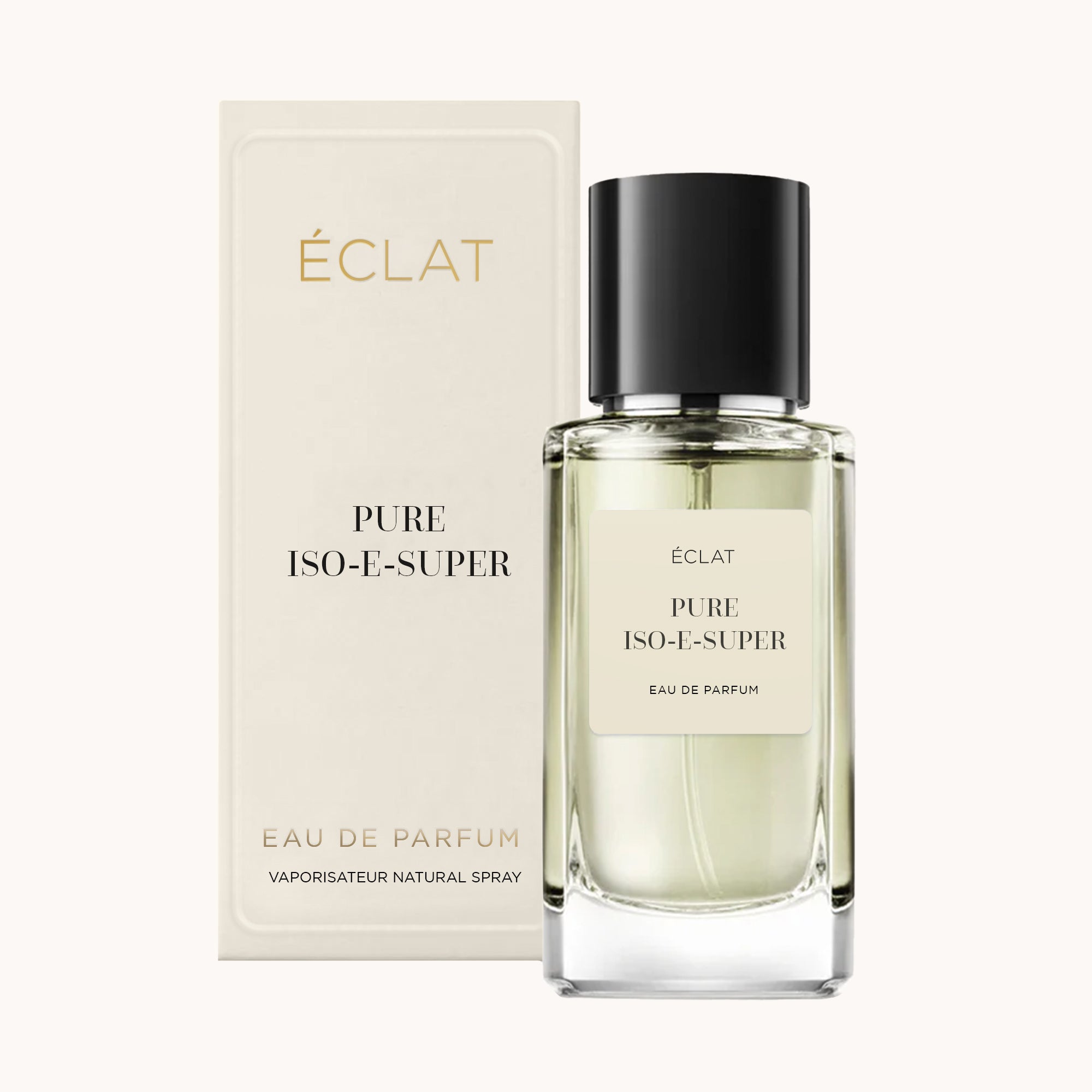 Facettierter Glasflakon von ÉCLAT Pure Iso-E-Super mit schwarzer Kappe neben seiner eleganten cremefarbenen Box.