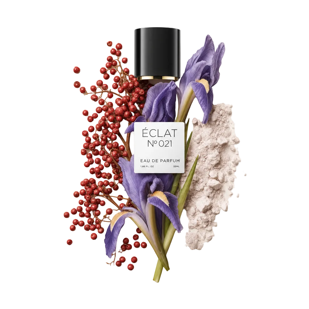 Ein Arrangement aus lebhaften violetten Blüten, rosa Pfefferkörnern und feinem Puder mit einer schwarzen Kappe, die das ÉCLAT Purple Flowers & Powder Etikett zeigt.