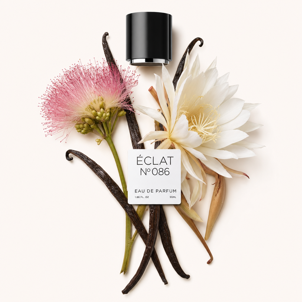 Ein Arrangement aus weißen und pinken Blüten mit Vanilleschoten umgibt elegant eine schwarze Kappe mit der Aufschrift ÉCLAT Queen Of The Night & Vanilla.