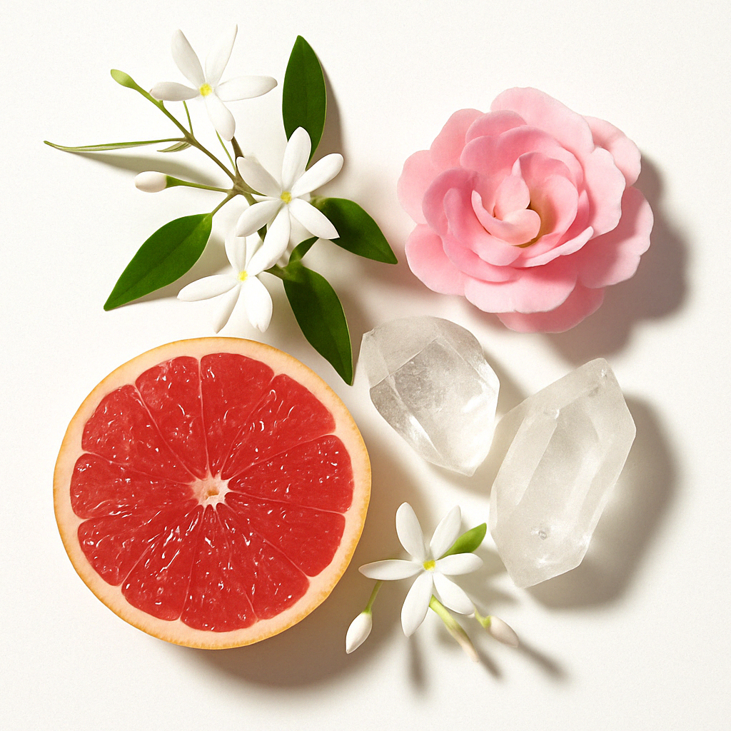 Eine halbierte Grapefruit, weiße Blumen, rosa Rose und durchscheinende Kristalle kunstvoll auf hellem Hintergrund arrangiert.