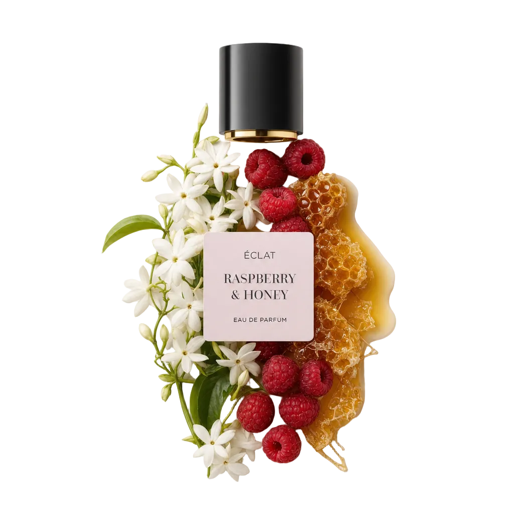 Ein elegantes Arrangement aus frischen Himbeeren, Honigwaben und Jasminblüten umgibt eine schwarze Kappe mit ÉCLAT Raspberry & Honey Etikett.