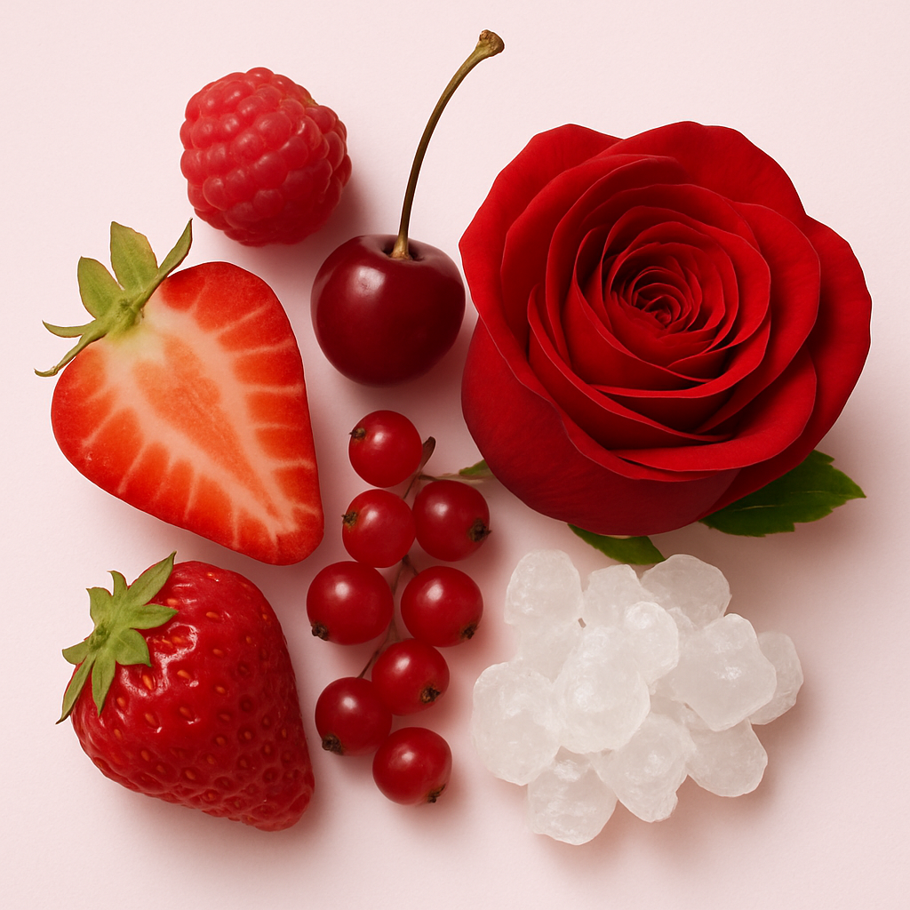 Ein Arrangement aus reifen roten Beeren, einer aufgeschnittenen Erdbeere, einer Himbeere, einer Kirsche, Johannisbeeren, einer roten Rose und Zuckerkristallen auf hellem Hintergrund.