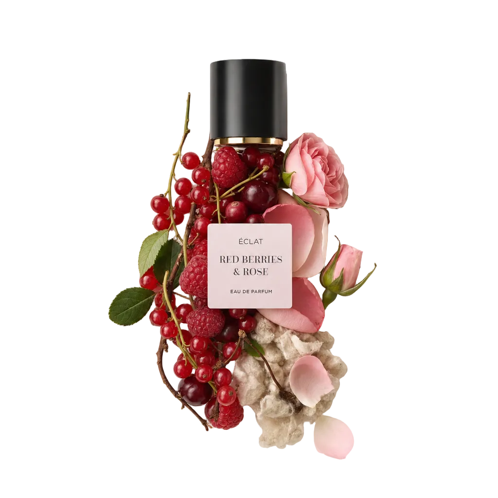 Ein Arrangement aus roten Beeren, Himbeeren und rosa Rosen umgibt eine schwarze Kappe mit dem Etikett ÉCLAT Red Berries & Rose.