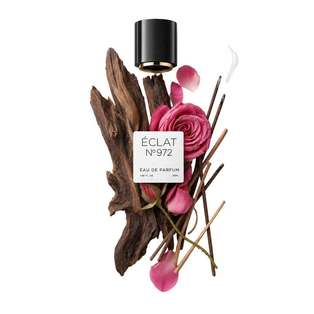 Ein kunstvolles Arrangement mit einem Stück Adlerholz, rosa Rosenblättern und Räucherstäbchen, mit einer schwarzen Kappe, die das Etikett von ÉCLAT Resinous Oud zeigt.
