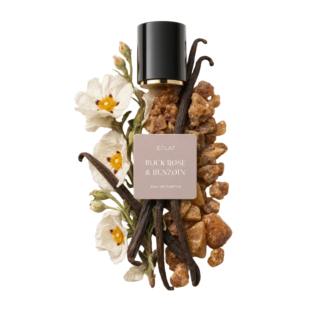Ein Arrangement aus Vanilleschoten, Zistrosenblüten und Benzoeharz umgibt eine schwarze Kappe mit goldenem Rand und dem Etikett ÉCLAT Rock Rose & Benzoin.