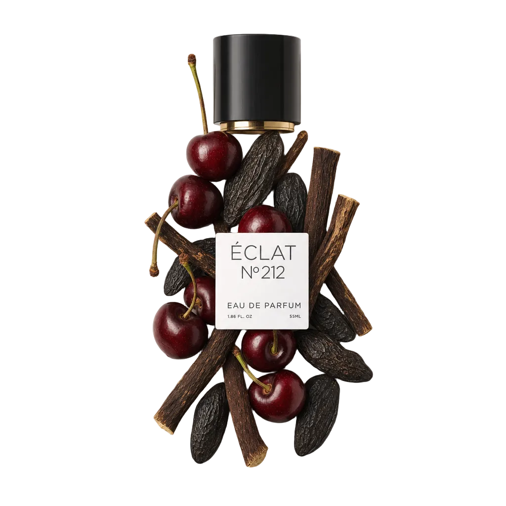 Ein Arrangement aus frischen Kirschen und Vanilleschoten umgibt eine schwarze Kappe mit goldenem Akzent, das ÉCLAT Rose & Cherry Etikett tragend.