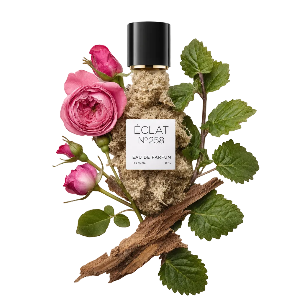 Ein von Hand arrangiertes Stillleben aus frischen Rosenblüten, weichem Moos und holzigen Elementen, oben die schwarze Kappe mit Etikett von ÉCLAT Rose, Musc & Woods.