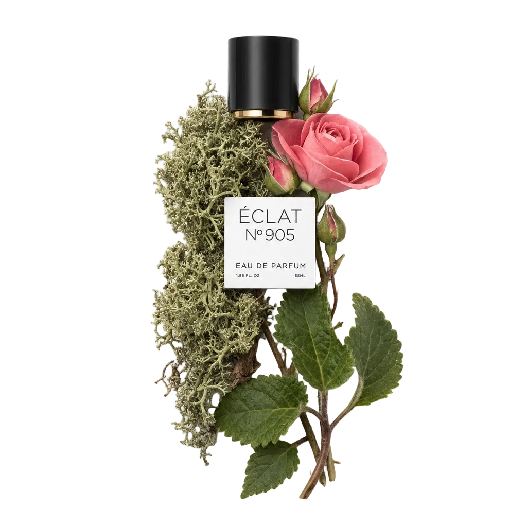 Ein Arrangement aus üppigem grünem Eichenmoos, einer zarten rosa Rose und grünen Blättern begleitet eine schwarze Kappe mit goldener Verzierung, beschriftet ÉCLAT 905 VIP.