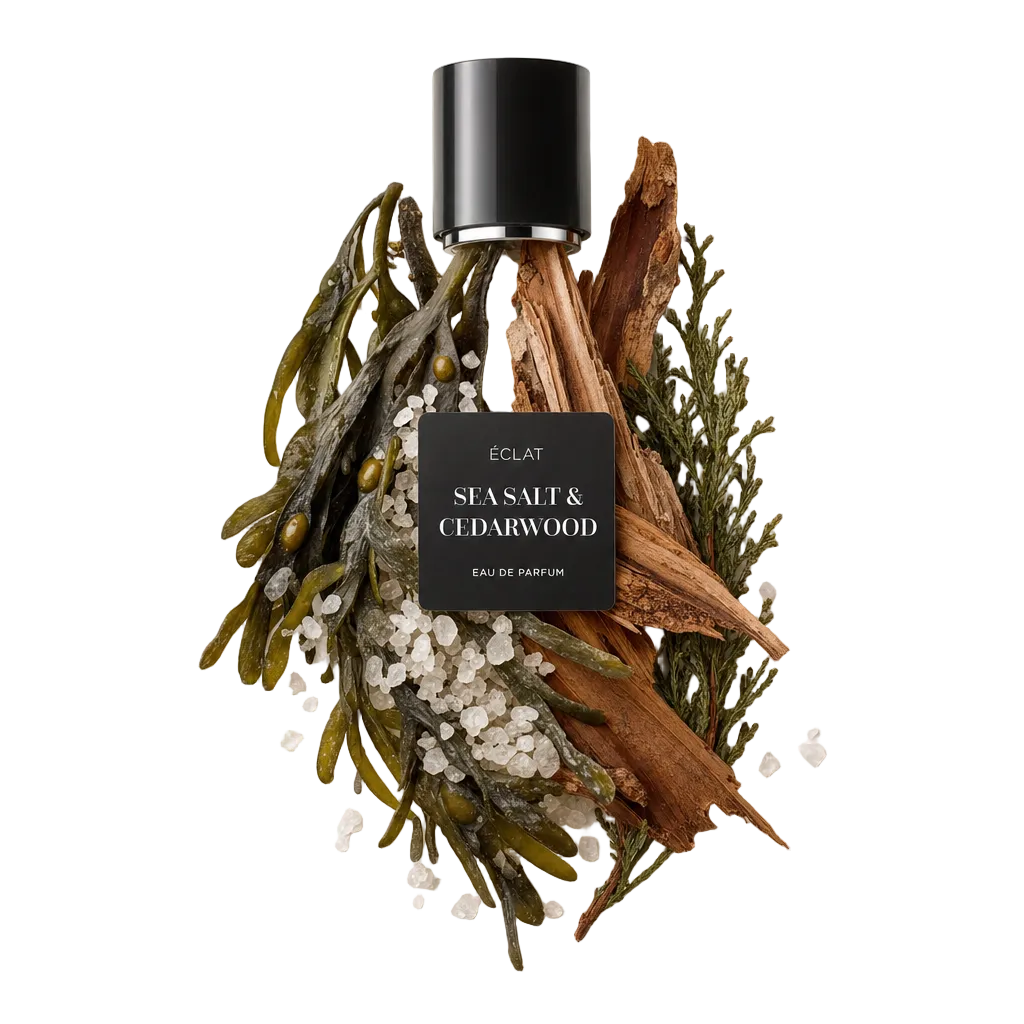 Ein Arrangement aus Algen, Salzkristallen, Zedernholz und grünen Zweigen umgibt eine schwarze Verschlusskappe mit ÉCLAT Sea Salt & Cedarwood Etikett.