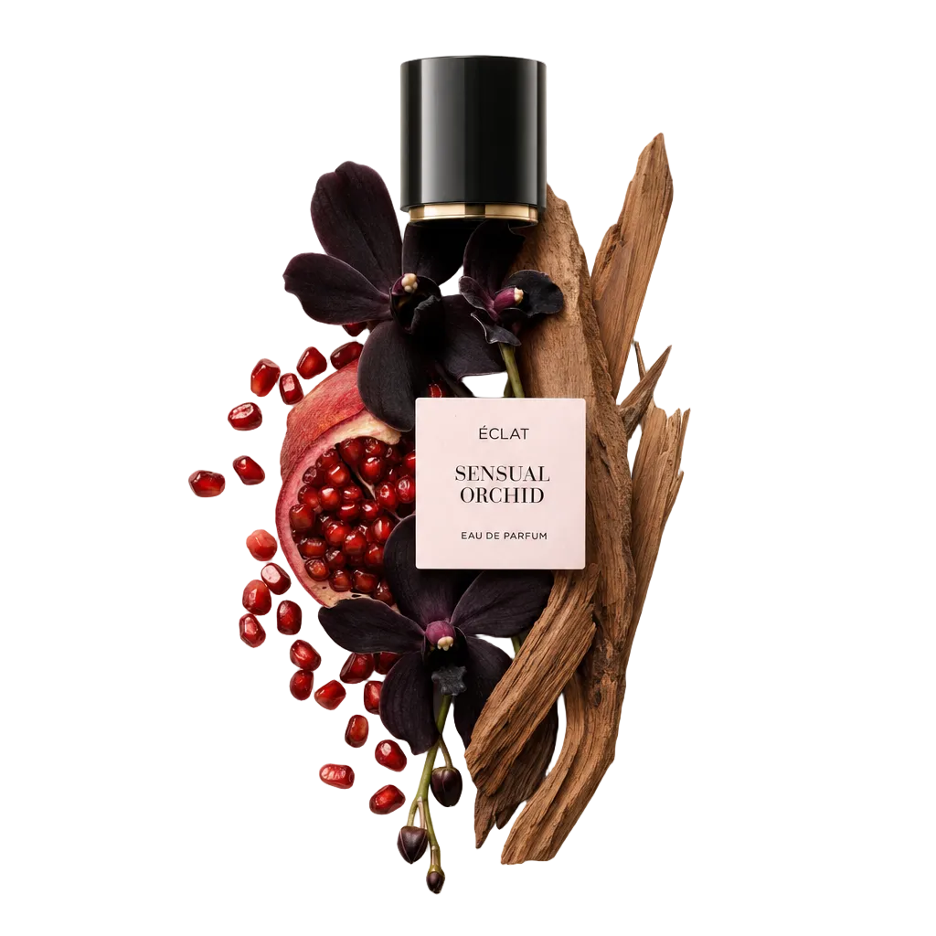 Ein Arrangement aus Granatapfelkernen, dunklen Orchideenblüten und Holzstäben umgibt die originale schwarze ÉCLAT Sensual Orchid Verschlusskappe mit Etikett.