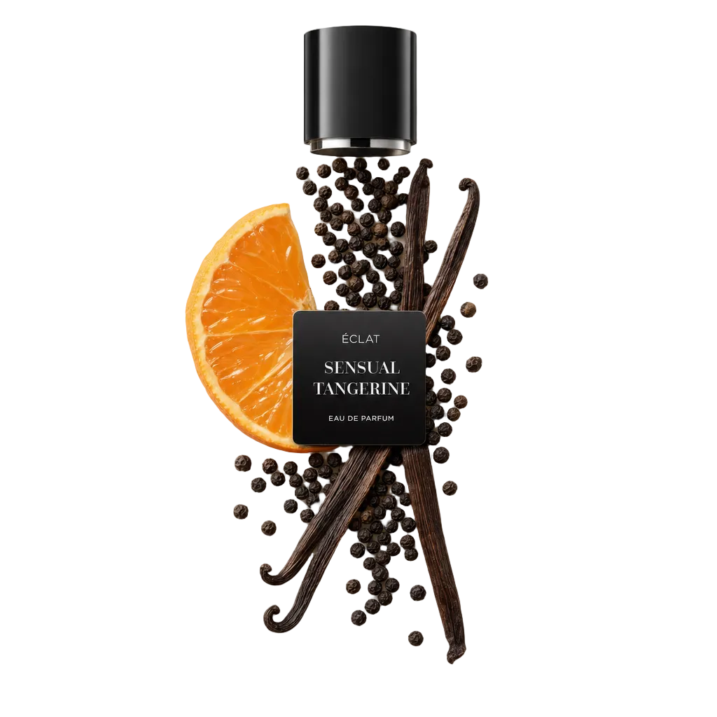 Ein von Hand arrangiertes Stillleben aus einer Mandarinen-Scheibe, Vanilleschoten und Pfefferkörnern umgibt ein ÉCLAT Sensual Tangerine Etikett. Oben ist eine schwarze Kappe.