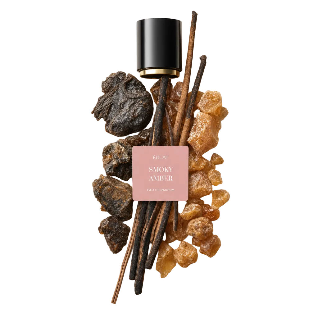 Ein Arrangement aus Bernsteinstücken, trockenen Holzstäben und dunklem Harz mit der ÉCLAT Smoky Amber Kappe in Schwarz-Gold-Design.
