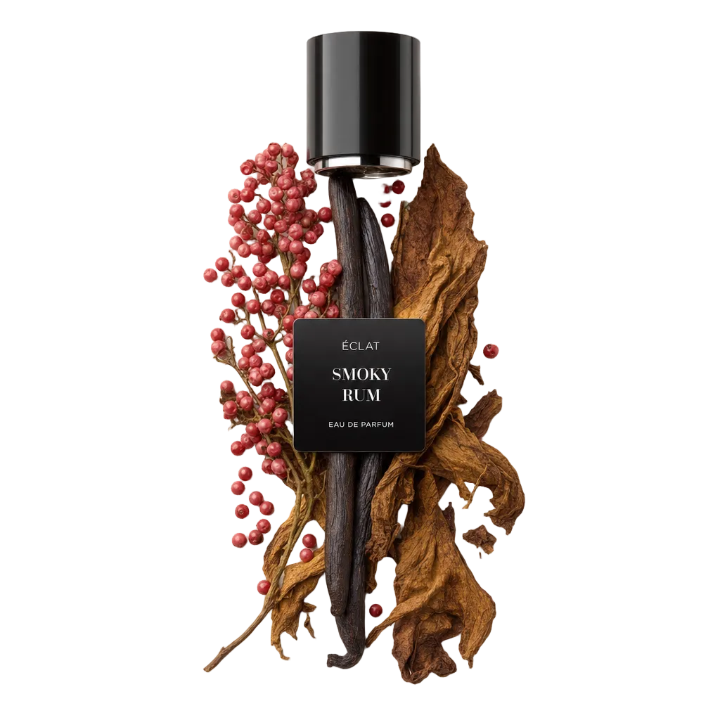 Ein Arrangement aus getrockneten Tabakblättern, rosa Pfefferbeeren und Vanilleschoten umgibt eine schwarze Kappe mit dem Etikett ÉCLAT Smoky Rum.