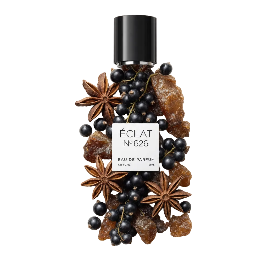 Ein Arrangement aus Sternanis, schwarzen Johannisbeeren und braunen Zuckerkristallen umgibt eine schwarze Kappe mit ÉCLAT 626 Etikett.