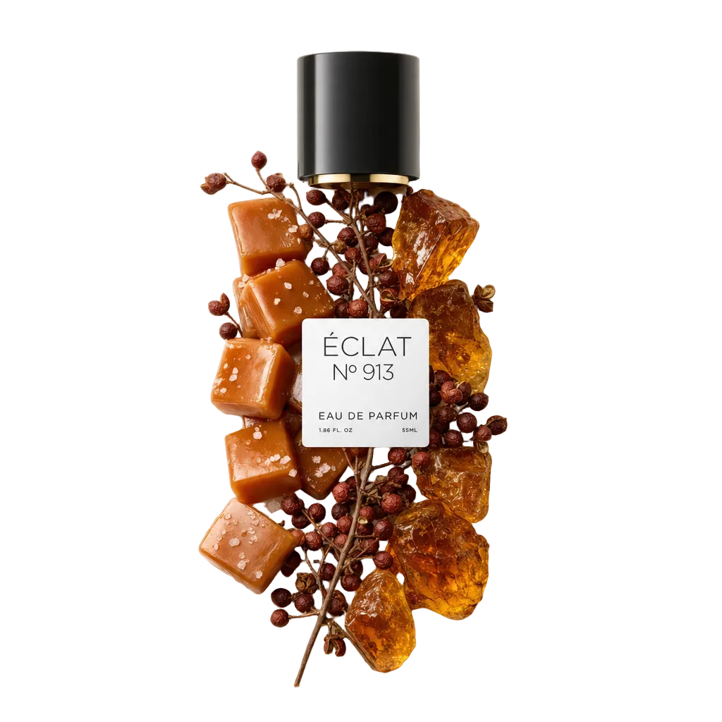 Ein von Hand arrangiertes Stillleben der ÉCLAT Spicy Caramel Zutaten mit Karamellwürfeln, bernsteinfarbenen Harzstücken und Pfefferbeeren um eine schwarze Kappe mit Etikett.