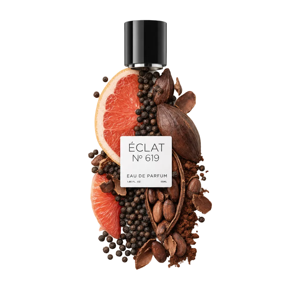 Ein Stillleben der ÉCLAT Spicy Cocoa Duftzutaten: Grapefruitscheiben, Kakaobohnen und Pfefferkörner um eine schwarze Verschlusskappe mit Etikett arrangiert.