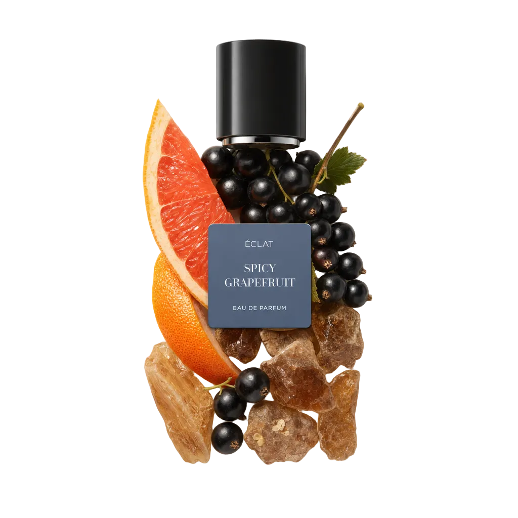 Ein Arrangement aus einer Grapefruitscheibe, schwarzen Johannisbeeren und Bernstein-Kristallen umgibt eine schwarze Kappe mit einem ÉCLAT Spicy Grapefruit Etikett.