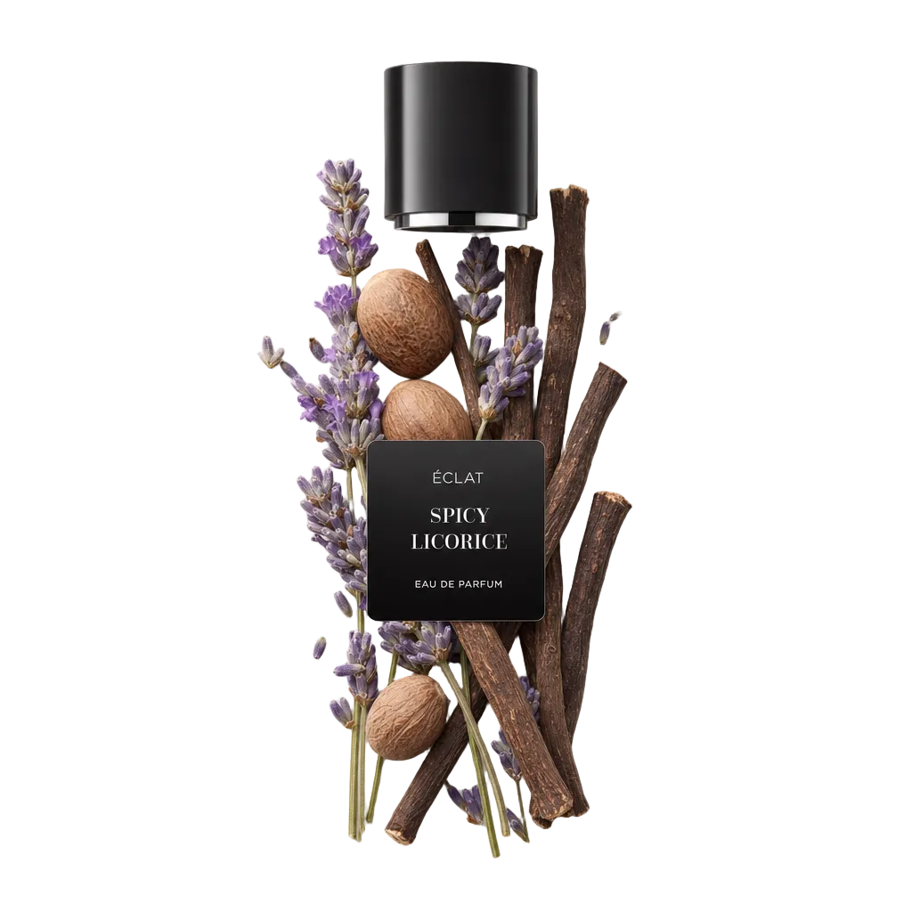 Ein Arrangement aus Lavendelzweigen, Muskatnüssen und Lakritzstangen mit einer schwarzen ÉCLAT Spicy Licorice Kappe oben, die ein elegantes Etikett trägt.
