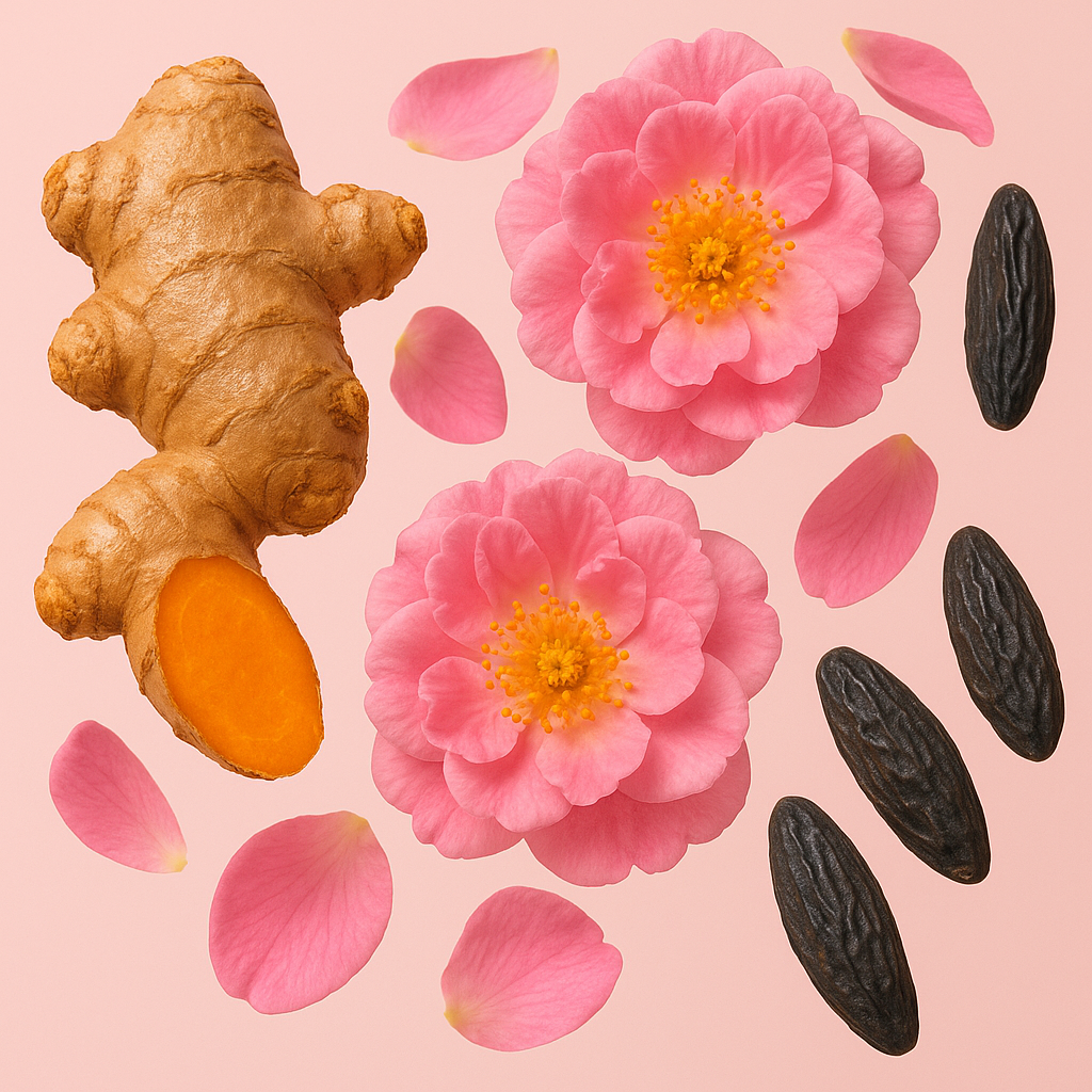 Das Bild zeigt leuchtend pinke Rosenblüten, begleitet von Ingwerwurzel und dunkel getönten Tonkabohnen auf einem zartrosa Hintergrund.