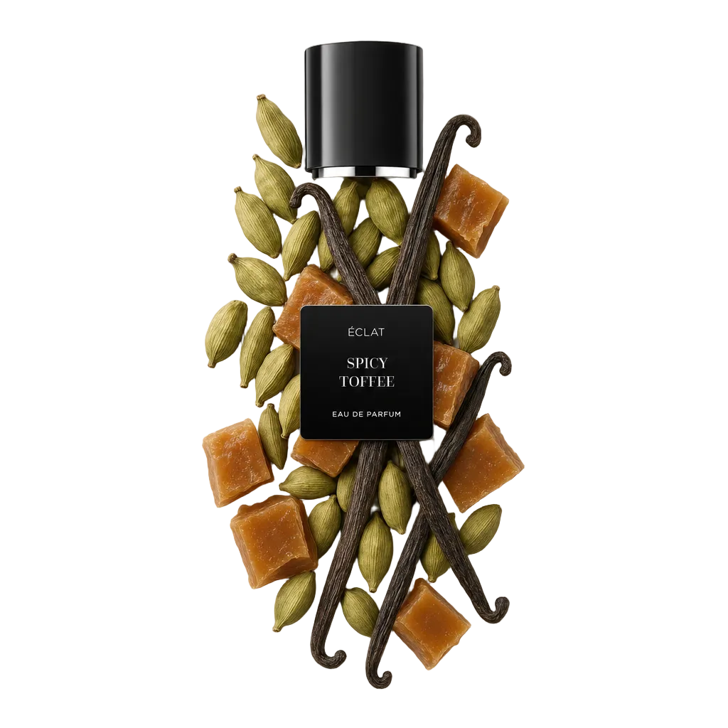 Ein künstlerisches Arrangement aus Kardamomkapseln, Vanilleschoten und Karamelltoffee umgibt die schwarze Verschlusskappe mit einem ÉCLAT Spicy Toffee Eau de Parfum Etikett.