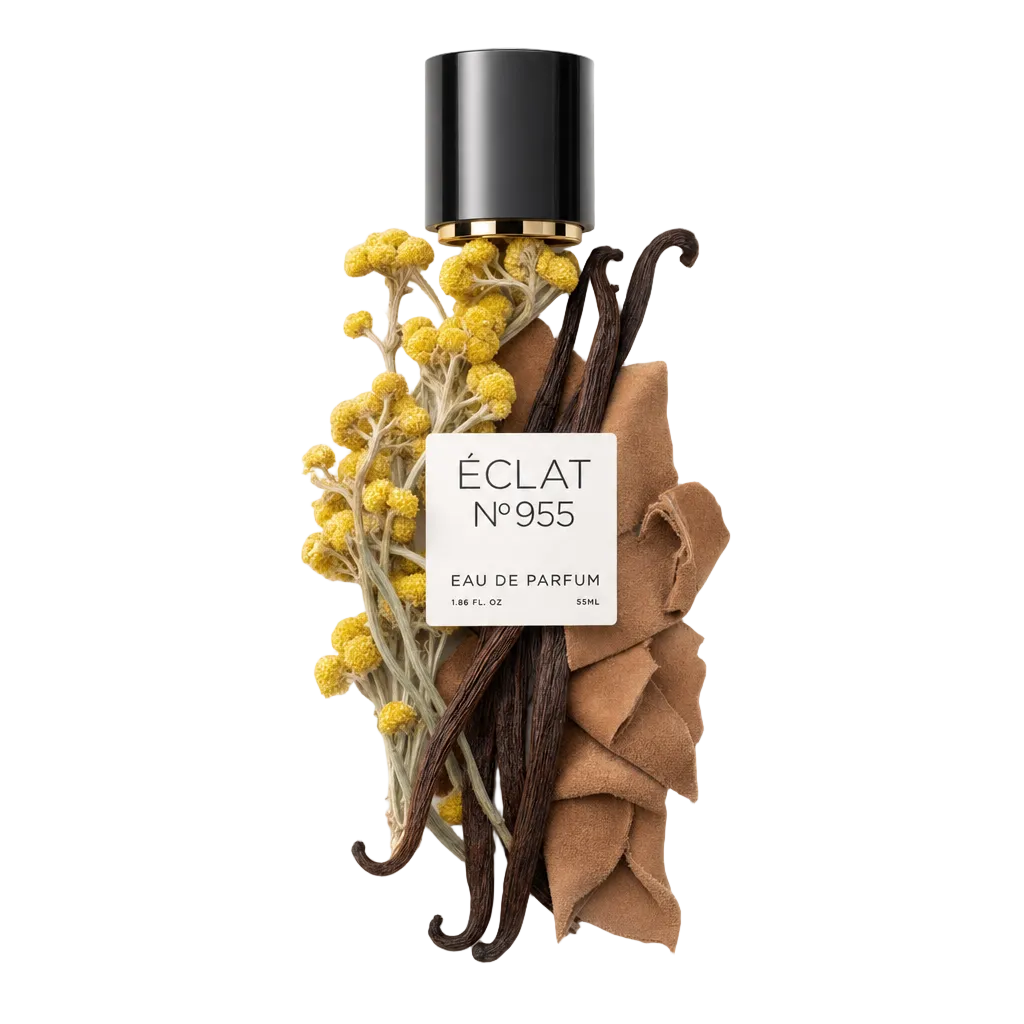 Ein Arrangement aus gelben Blüten, Vanilleschoten und Wildlederstücken umgibt die originale schwarze Kappe mit Etikett für ÉCLAT Suede & Vanilla.
