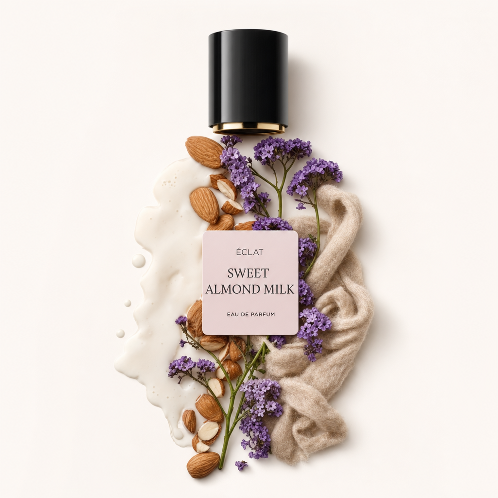 Ein Arrangement aus Mandeln, Lavendelblüten und einem weichen Stoff umgibt eine schwarze Kappe mit goldfarbenem Rand und etikettiertem Schild für ÉCLAT Sweet Almond Milk.