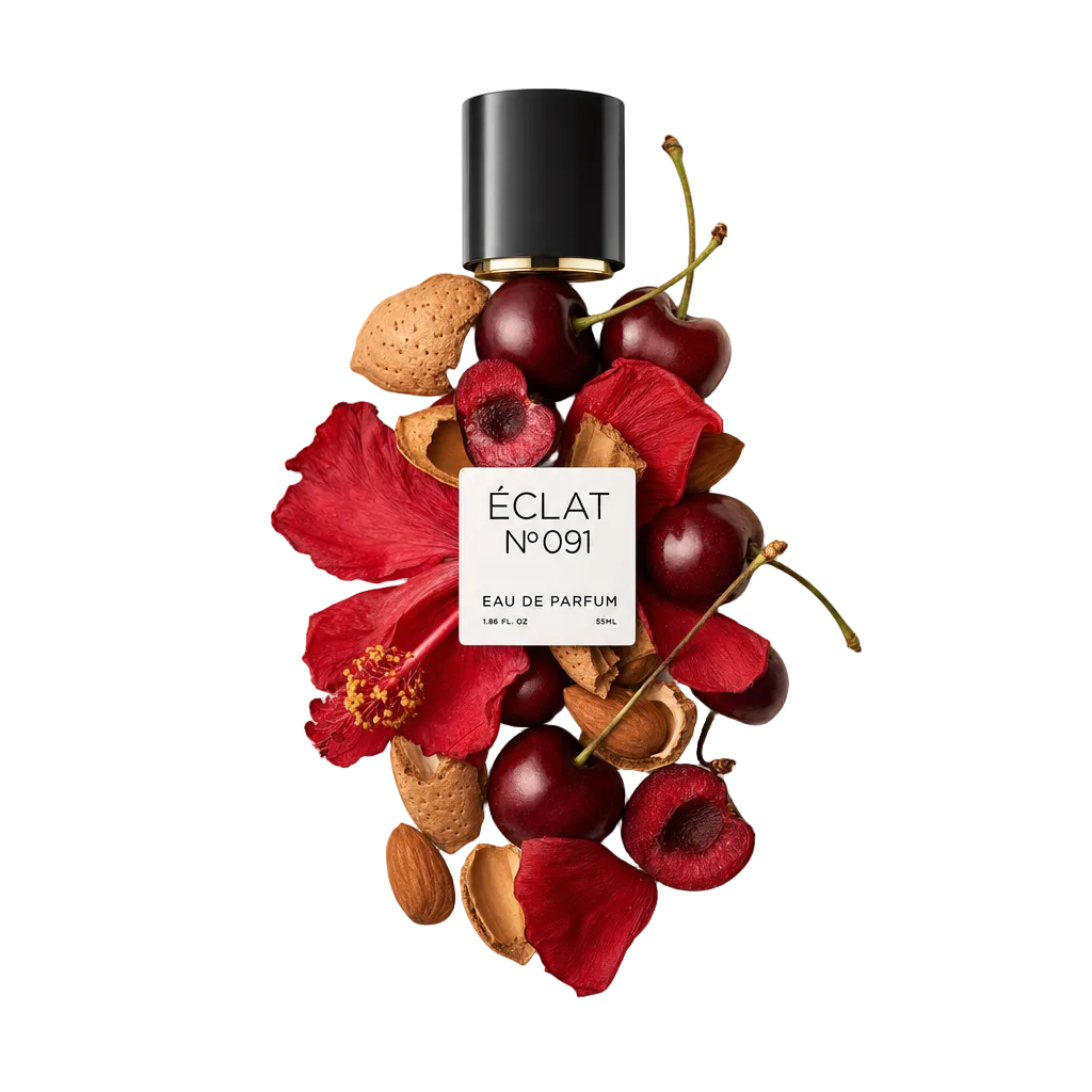 Ein Arrangement aus Kirschen, Mandelschalen und roten Hibiskusblüten umgibt eine schwarze Kappe mit dem ÉCLAT Sweet Amaretto Etikett.