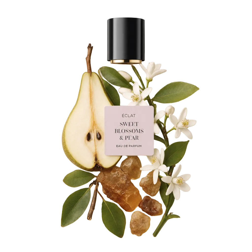 Ein sorgfältig arrangiertes Stillleben aus einer aufgeschnittenen Birne, zarten weißen Blüten und bernsteinfarbenem Harz mit der originalen ÉCLAT-Kappe oben, beschriftet mit 'Sweet Blossoms & Pear'.