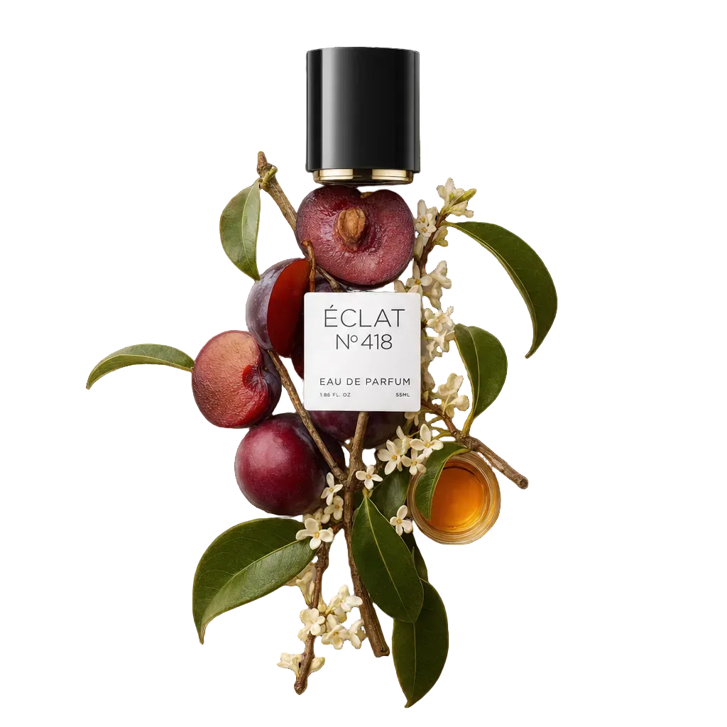 Ein Arrangement aus frischen Pflaumen, grünen Blättern und zarten Blüten mit einer schwarzen Kappe und Etikett für ÉCLAT Sweet Cherry Plum.