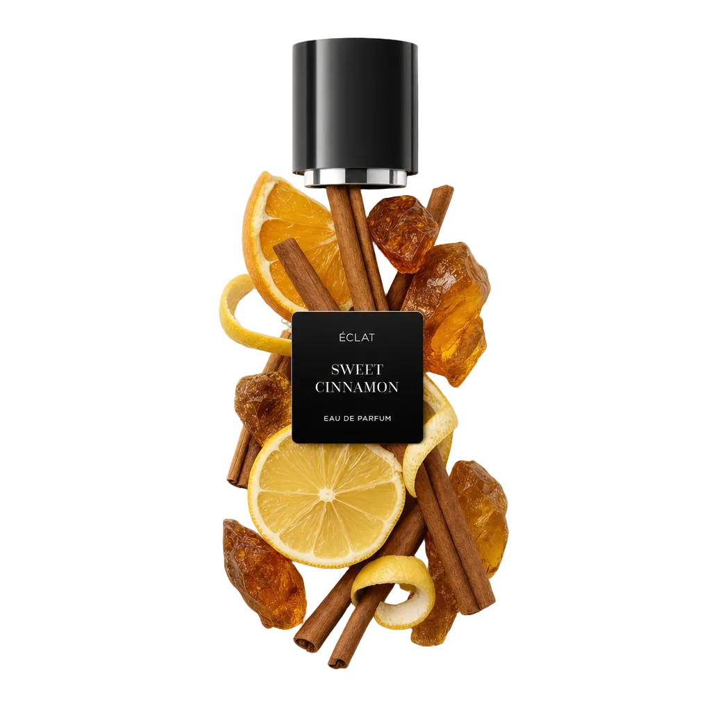 Ein Arrangement aus Zimtstangen, Zitrusscheiben und Bernsteinharz um eine schwarze Kappe mit ÉCLAT Sweet Cinnamon Etikett.