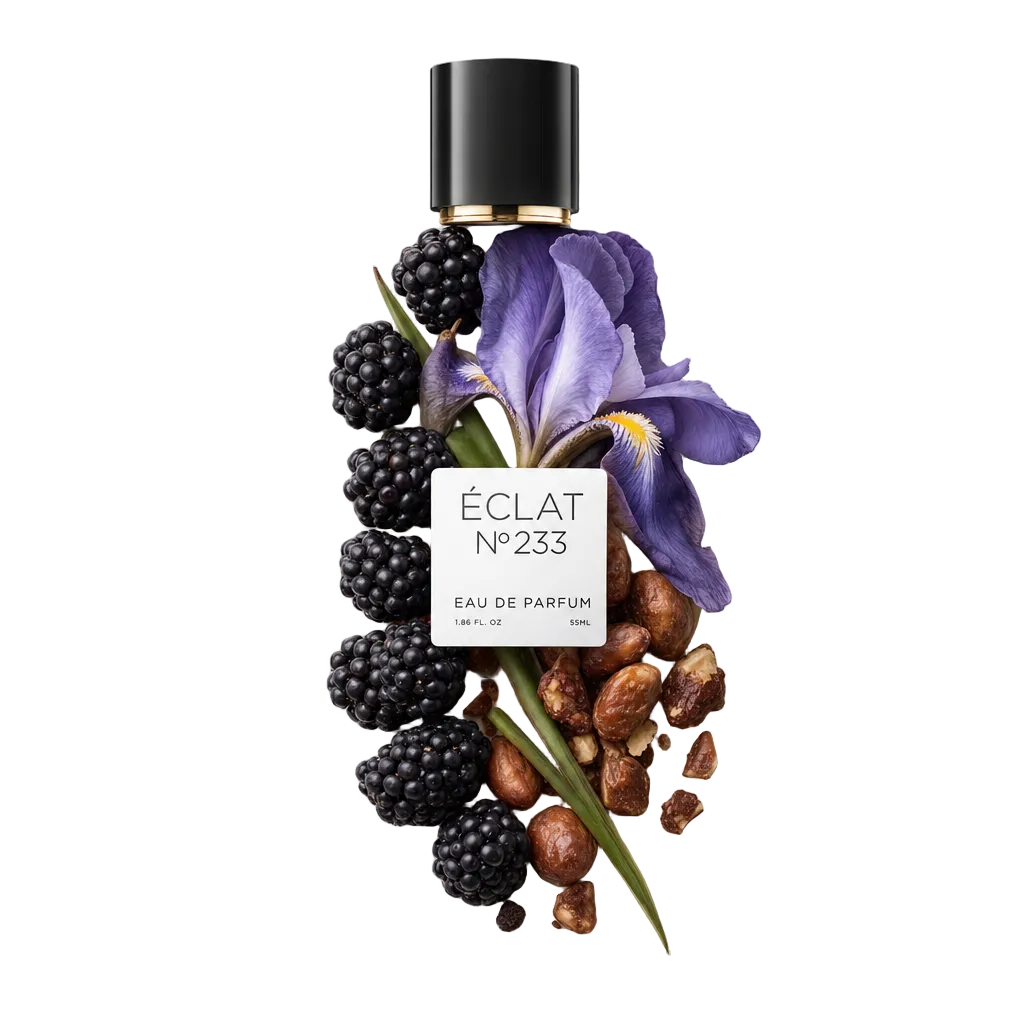 Ein Arrangement aus Brombeeren, Schwertlilie und Nüssen mit der schwarzen Kappe und dem Etikett von ÉCLAT Sweet Iris, das die Hauptduftnoten hervorhebt.