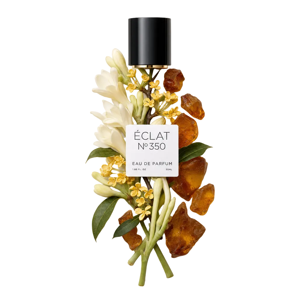Ein Arrangement aus Osmanthus-Blüten, Tuberose und Bernsteinsteinen, mit schwarzer Kappe und Etikett von ÉCLAT oben.