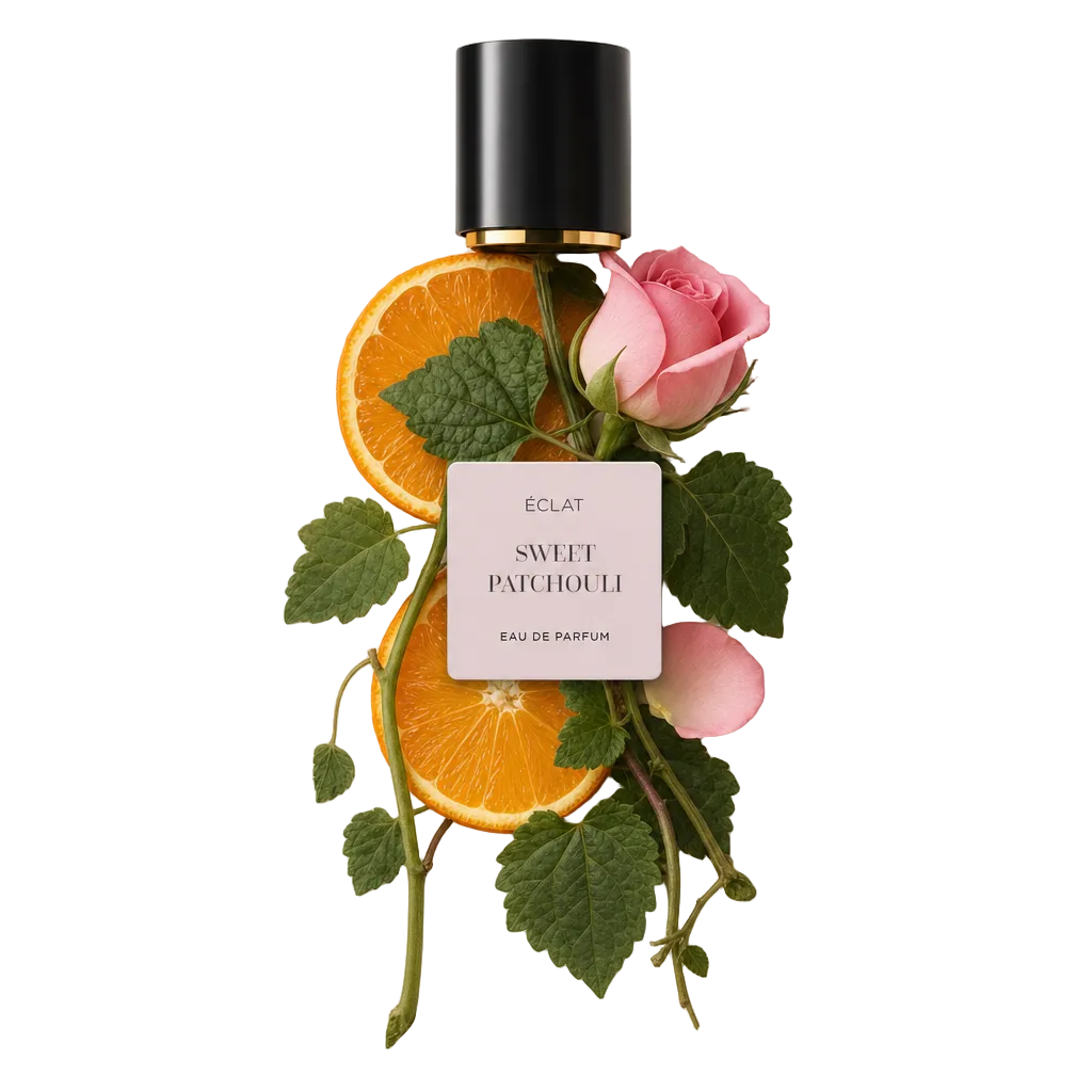 Ein Arrangement aus Orangenscheiben, rosa Rose und Patchouliblättern umgibt eine schwarze Kappe mit goldener Zierleiste, beschriftet mit ÉCLAT Sweet Patchouli.
