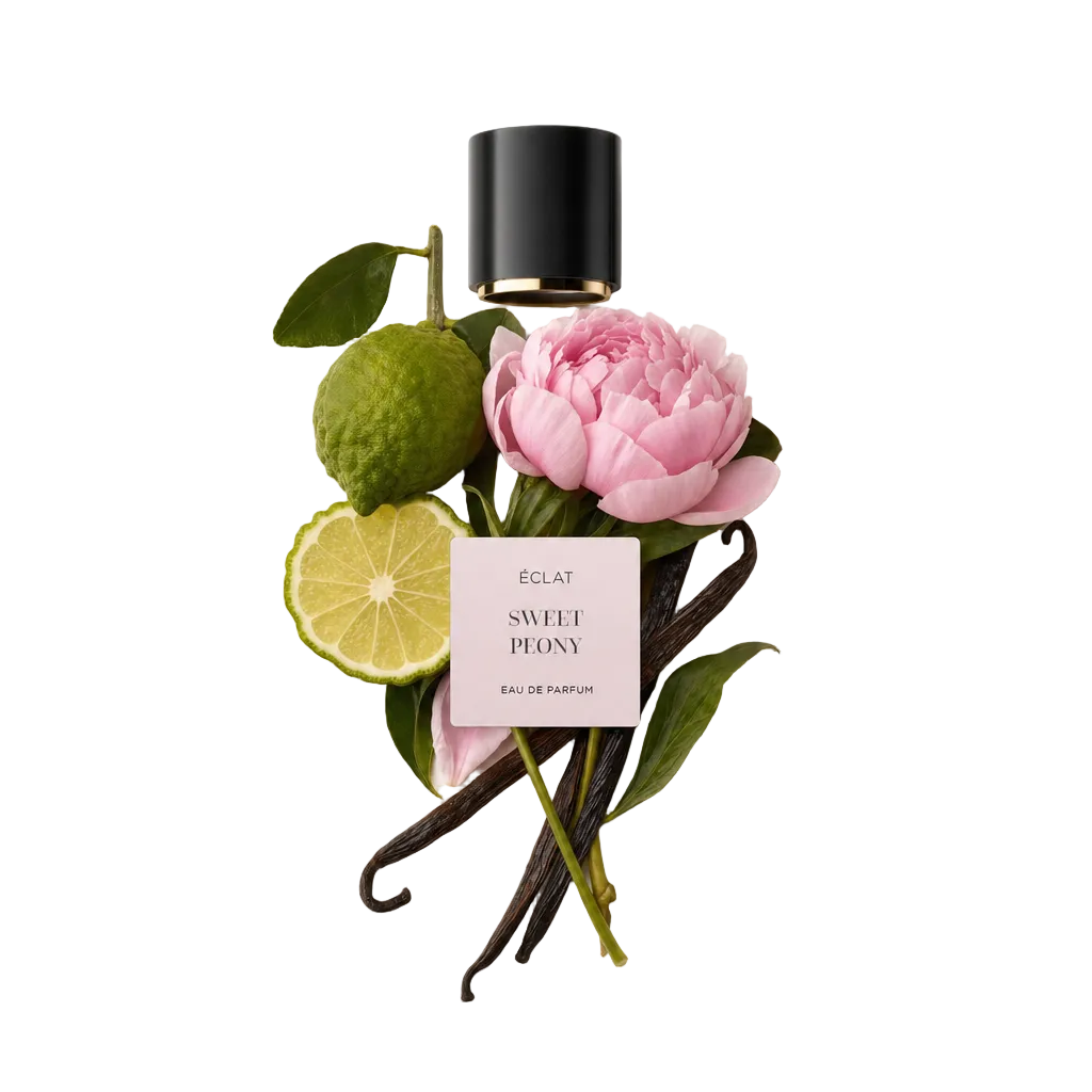 Ein Arrangement aus frischer Bergamotte, zarter rosa Pfingstrose und aromatischen Vanilleschoten, neben einer schwarzen Kappe mit ÉCLAT Sweet Peony Etikett.