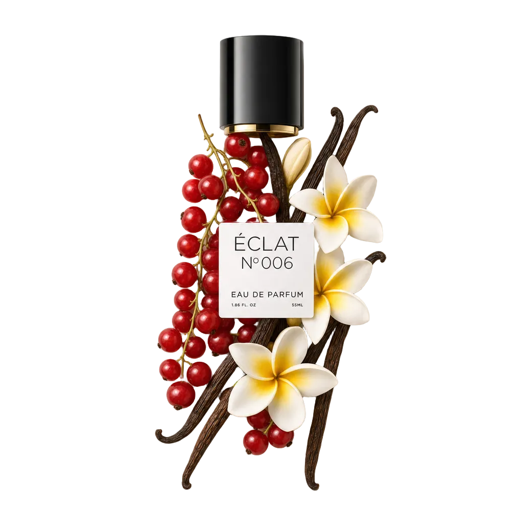 Ein Arrangement aus roten Johannisbeeren und Vanilleschoten mit weißen Blüten, gekrönt von einer schwarzen Kappe mit ÉCLAT Sweet Red Currant Etikett.