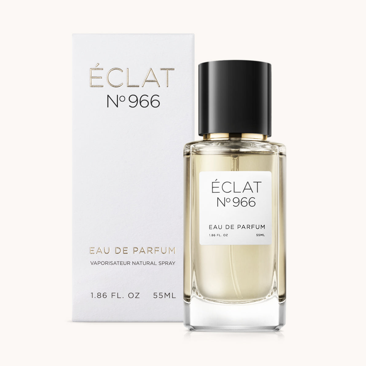 ÉCLAT Sweet Rose & Coffee in einem klaren Glasflakon mit schwarzem Verschluss, begleitet von einer eleganten weißen Box.
