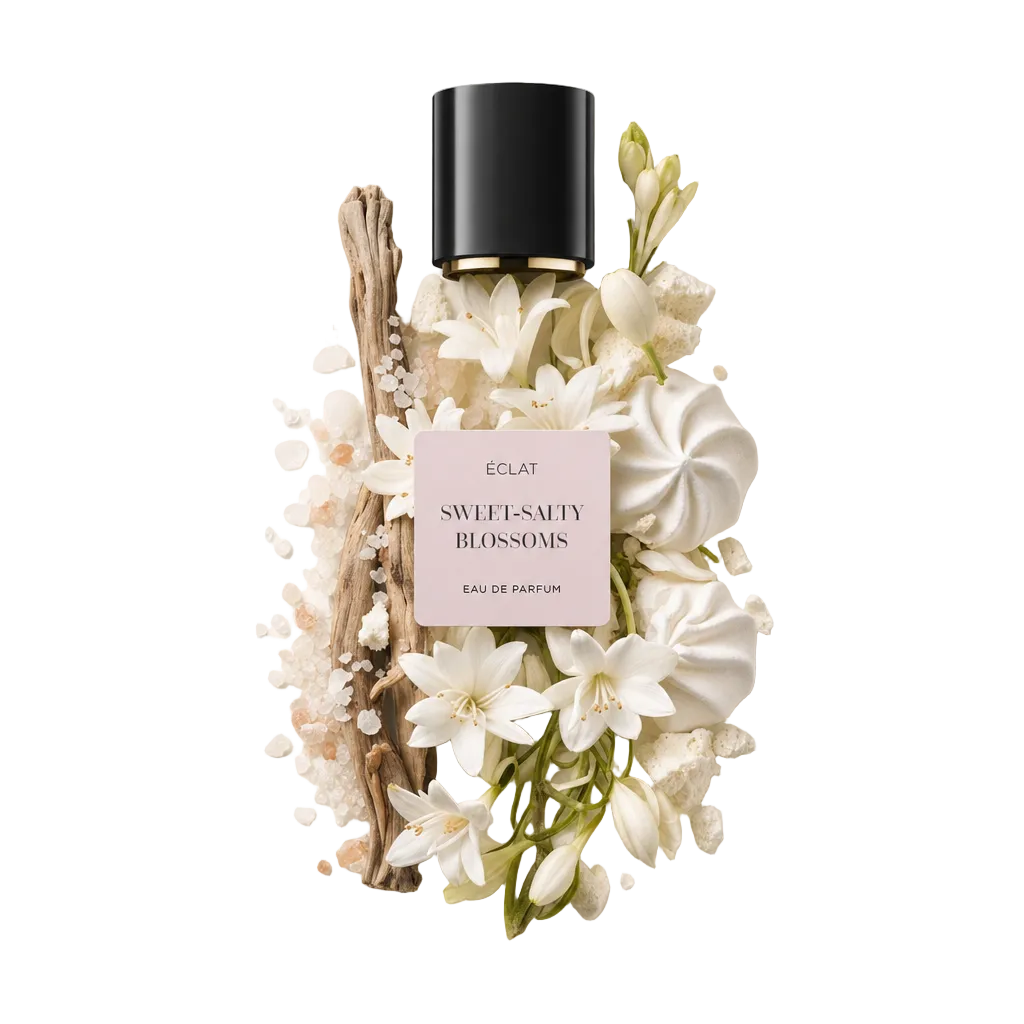 Ein Arrangement aus weißen Blüten, Baisers, Salzkristallen und Treibholz umgibt eine schwarze Kappe von ÉCLAT Sweet-Salty Blossoms mit einem Etikett.