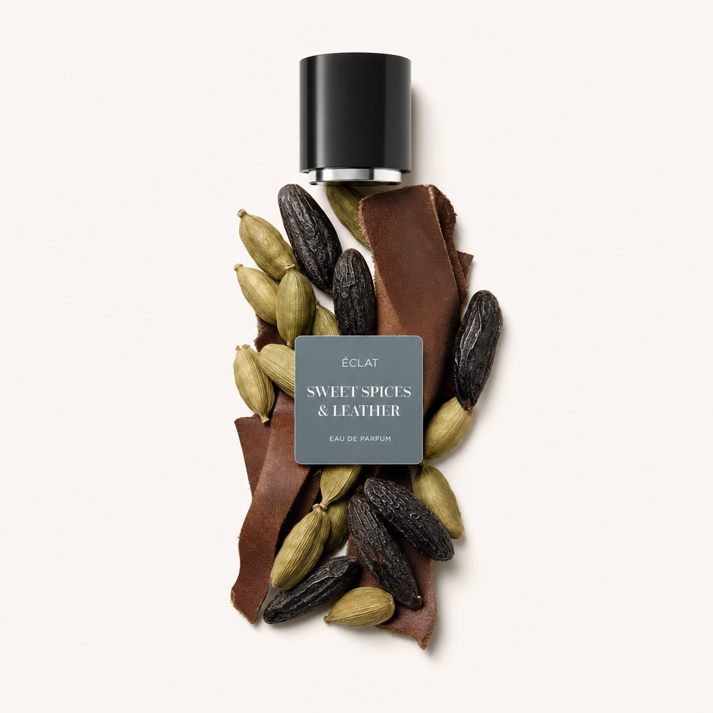 Ein Arrangement aus Kardamomkapseln, Lederstreifen und Tonkabohnen umgibt die schwarze Kappe mit dem Etikett von ÉCLAT Sweet Spices & Leather.