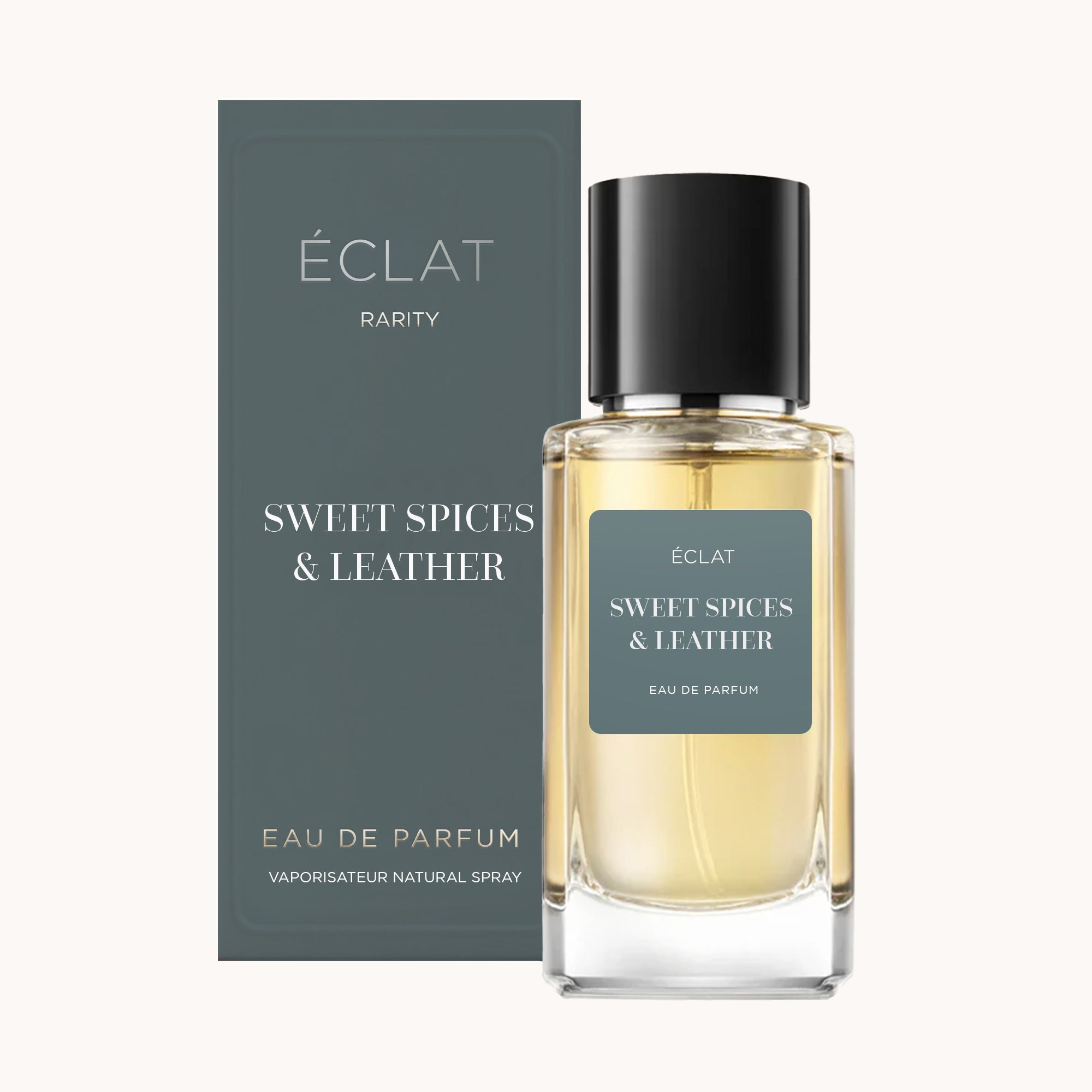 ÉCLAT Sweet Spices & Leather Flakon mit klarem Glas und schwarzem Verschluss, daneben eine passende Verpackungsbox.