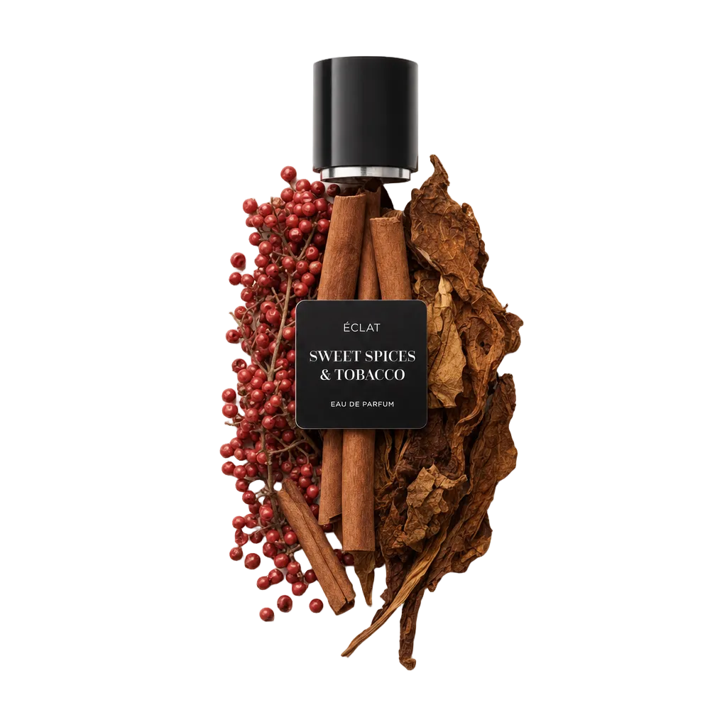 Ein Arrangement aus Zimtstangen, roten Pfefferkörnern und getrockneten Tabakblättern mit einer schwarzen Kappe mit dem Etikett ÉCLAT Sweet Spices & Tobacco.