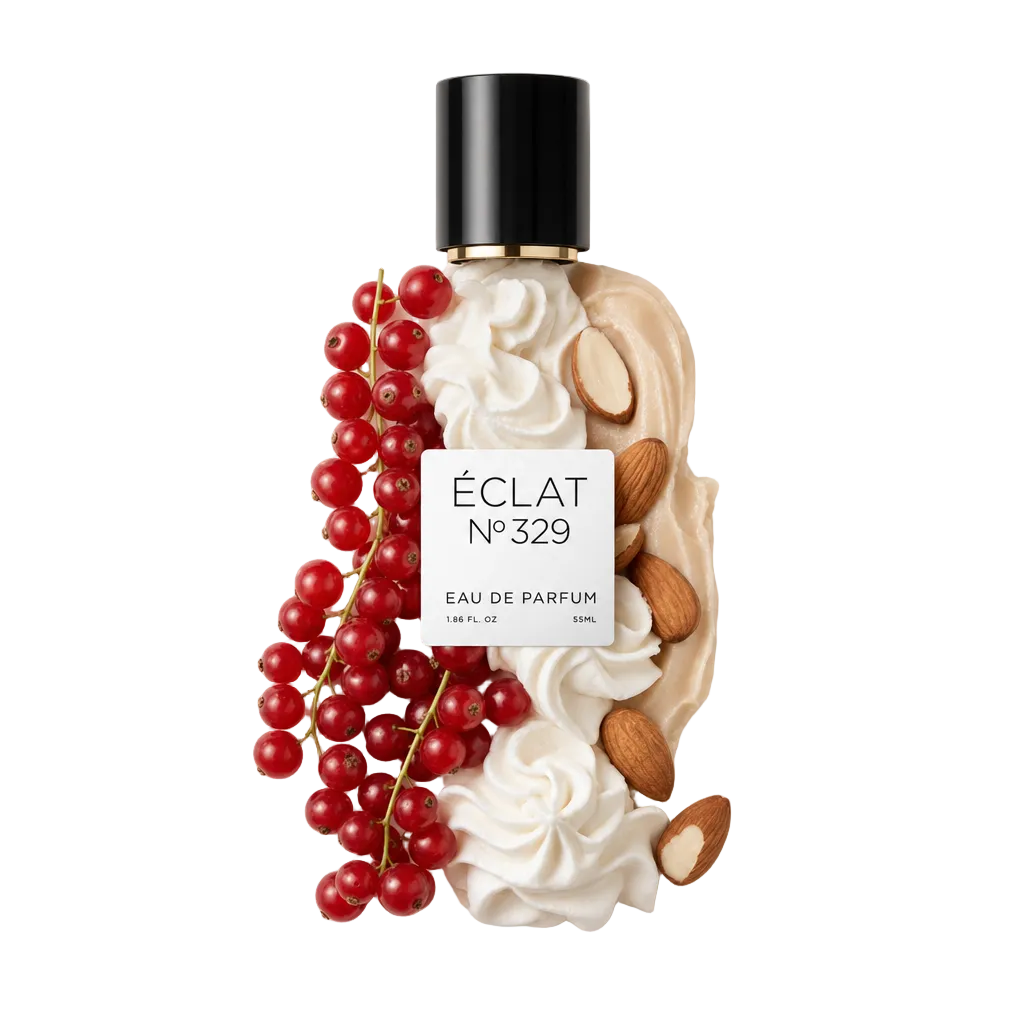 Ein kunstvolles Arrangement aus cremigen Wirbeln, Mandeln und leuchtend roten Johannisbeeren, umgeben von einer schwarzen Kappe mit ÉCLAT Sweet Whipped Cream Etikett.