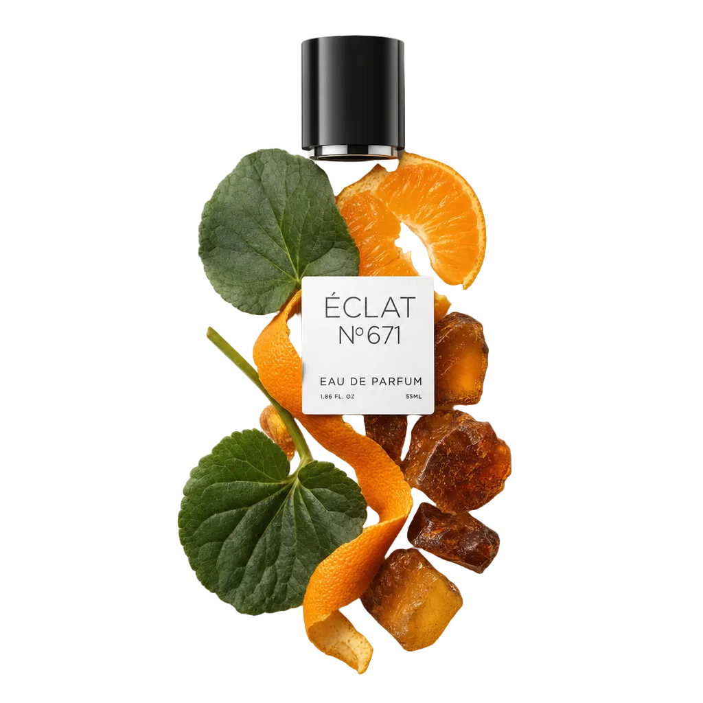 Ein Arrangement aus Mandarinenstücken und -schale, Geranienblättern und Bernsteinharz umgibt eine schwarze Verschlusskappe mit ÉCLAT Synthetic Tangerine Etikett.
