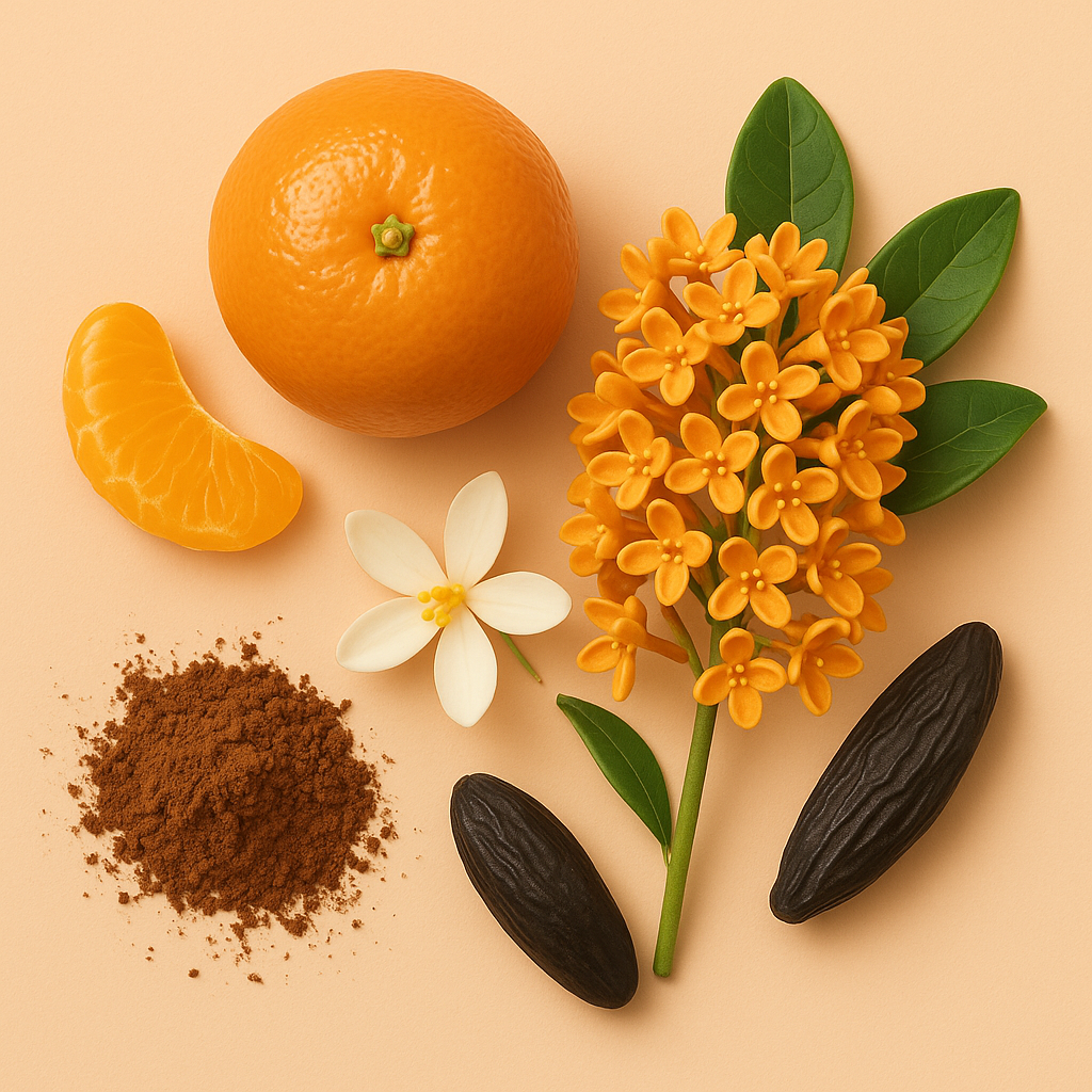 Arrangement aus einer ganzen Mandarine, einem Mandarinenstück, Kakaopulver, einer weißen Blüte, orangefarbenen Blüten und Tonkabohnen auf weichem beigem Hintergrund, das ÉCLAT RAR Tangerine & Cocoa darstellt.