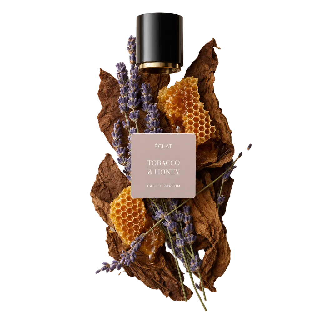 Ein Arrangement aus getrockneten Tabakblättern, goldener Wabe und Lavendelzweigen umgibt eine schwarze Kappe mit goldfarbenem Akzent und dem Etikett ÉCLAT Tobacco & Honey.