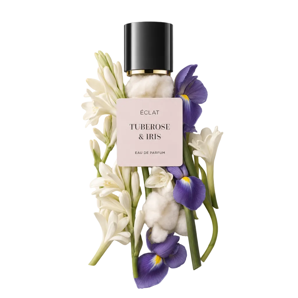 Arrangement aus Tuberose- und Irisblüten mit einer schwarzen Kappe mit dem Etikett ÉCLAT Tuberose & Iris.