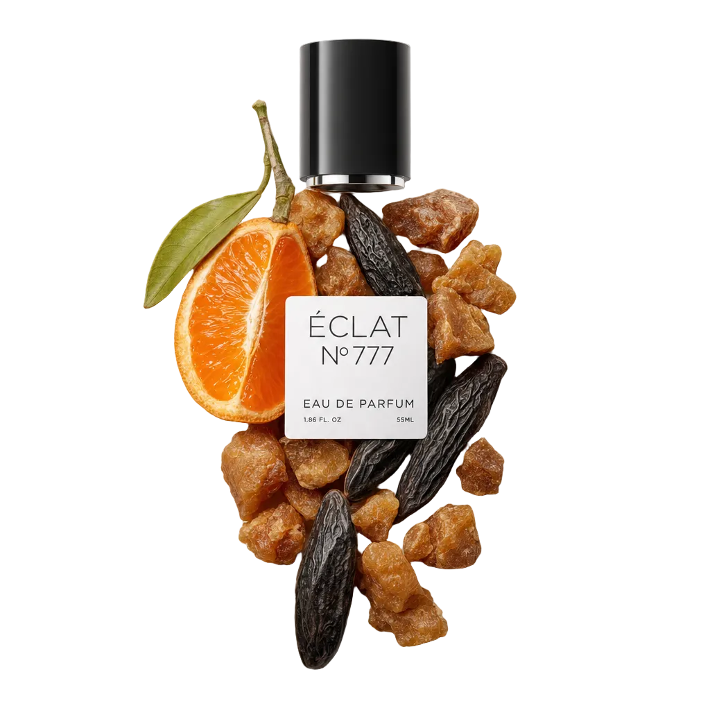 Ein künstlerisches Arrangement aus Vanilleschoten, Benzoeharz und einer halbierten Orange mit Blatt umgibt eine schwarze Kappe mit ÉCLAT 777 Etikett.