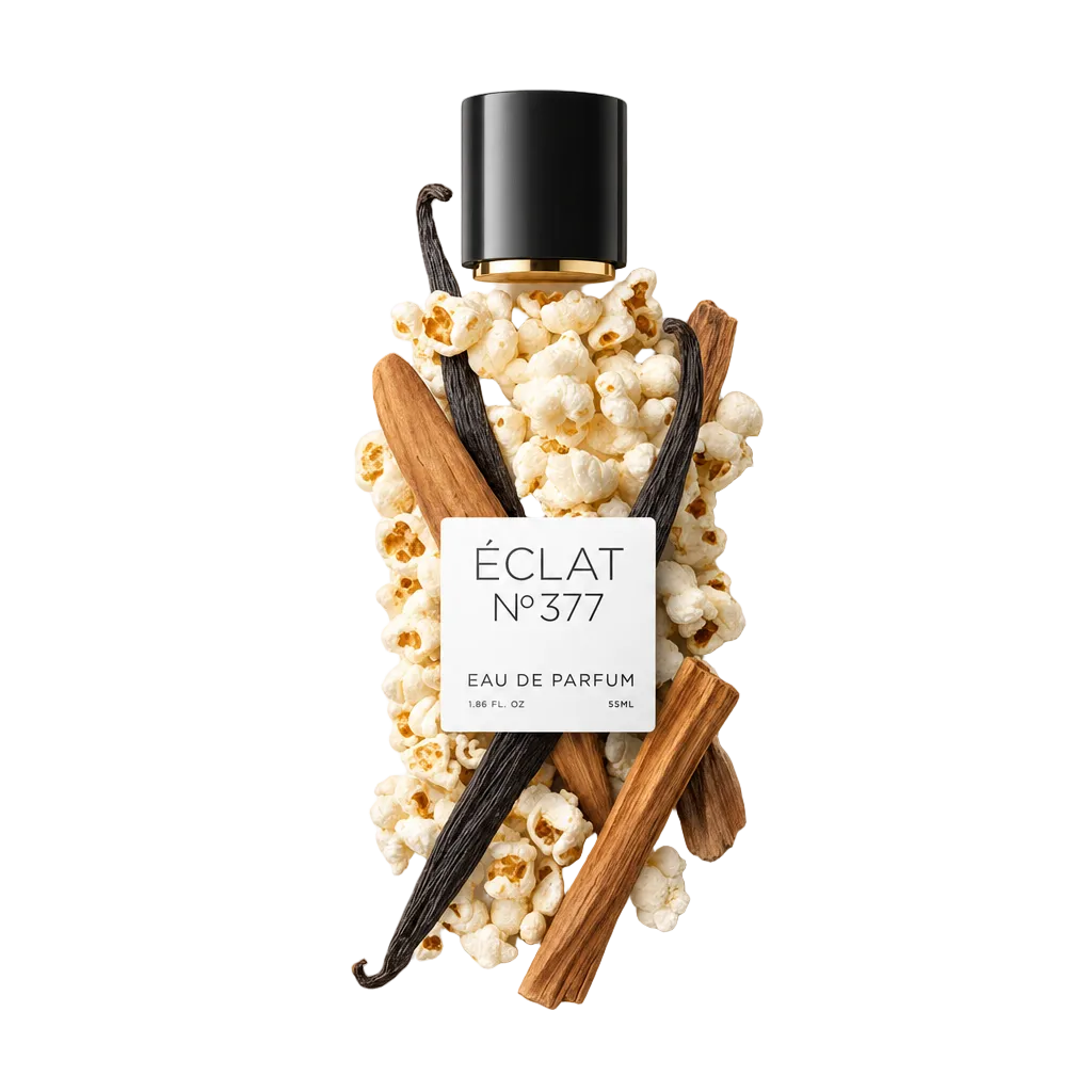 Ein Arrangement aus Popcorn, Vanilleschoten und Zimtstangen um die schwarze Kappe von ÉCLAT Vanilla & Popcorn mit Etikett.